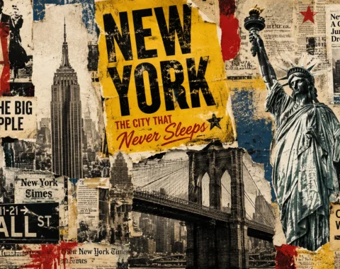 Collage of New York City posters and landmarks, including the Statue of Liberty, Empire State Building, Brooklyn Bridge, and a 'New York' sign poster.