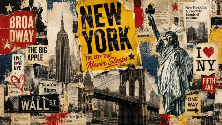 Collage of New York City posters and landmarks, including the Statue of Liberty, Empire State Building, Brooklyn Bridge, and a 'New York' sign poster.
